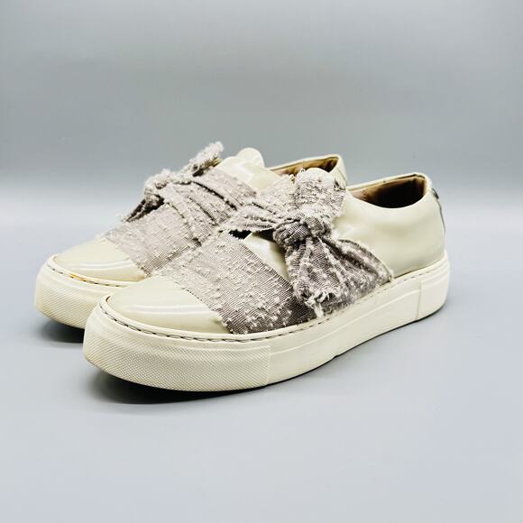 AGL Shoes Womens 38.5 US 8.5 Beige Tweed Bow Slip On Platform Sneakers Italy - Picture 3 of 10
